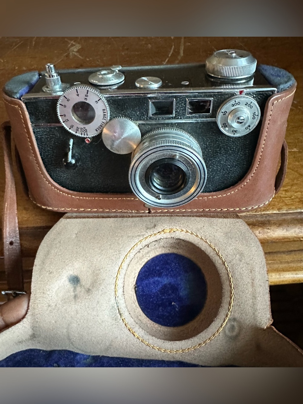 Vintage-Style Camera Leather Privacy/Cover Sleeve in Brown with Blue Lining
